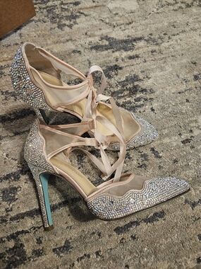 Betsey Johnson Pink Crystal Lace-Up Pointed Toe Heels